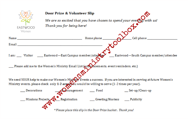 Sample door prize and volunteer slip - collect information when drawing for a door prize.